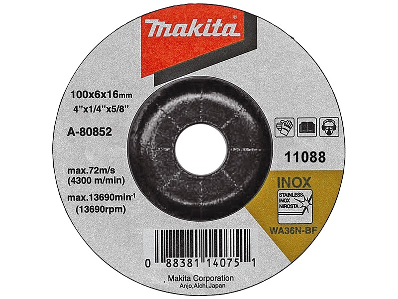 Vbočena brusilna plošča Makita, Dimenzije: 125x6x22,23mm, Zrnatost: 36, A-80656