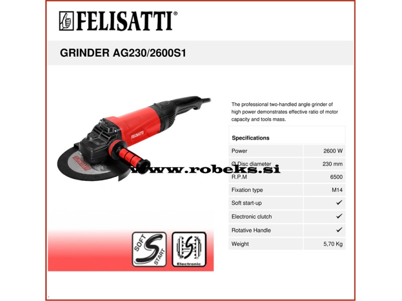 Električni kotni brusilnik Felisatti AG230/2600S1, 230mm