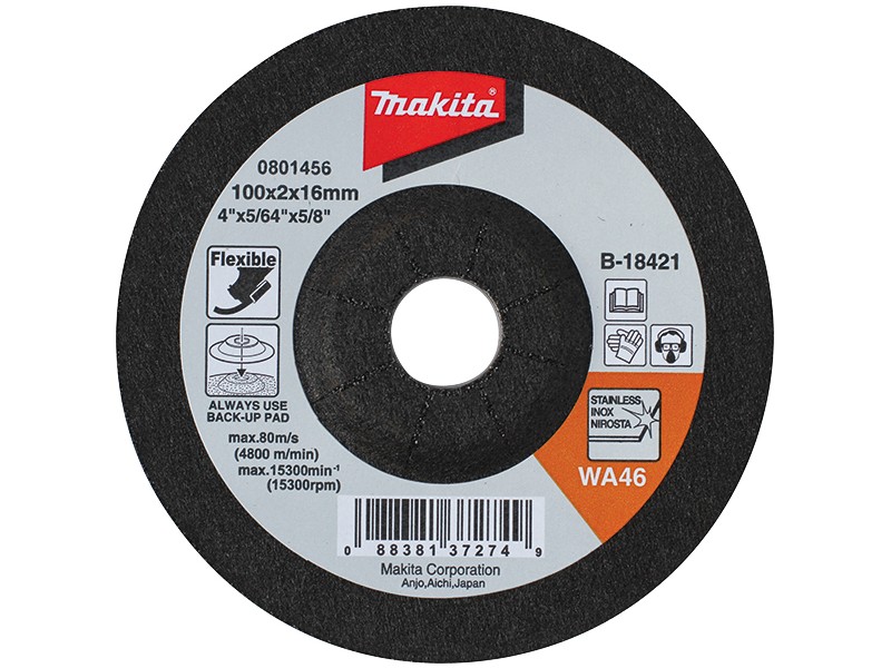 Upogljiva brusilna plošča Makita, za nerjaveče jeklo in jeklo, Dimenzije: 100x3x16mm, Zrnatost: 60, B-18487