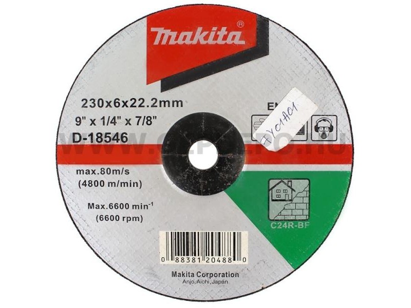 Vbočena brusilna plošča za kamen Makita, Dimenzije: 230x6x22,23mm, D-18546