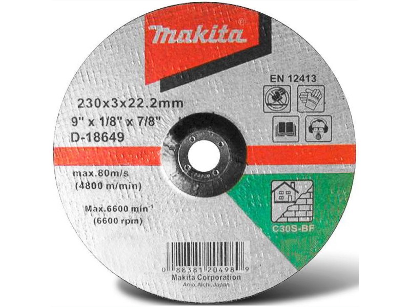Vbočena brusilna plošča za opeko Makita, Dimenzije: 230x3x22,23mm, D-18649