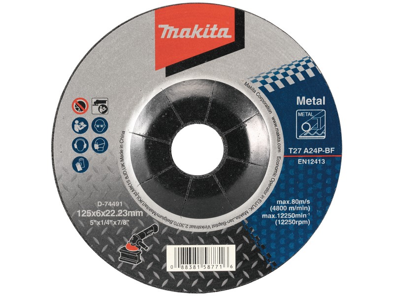 Vbočena brusilna plošča Makita za kovino, Dimenzije: 125x6x22,23mm, D-74491