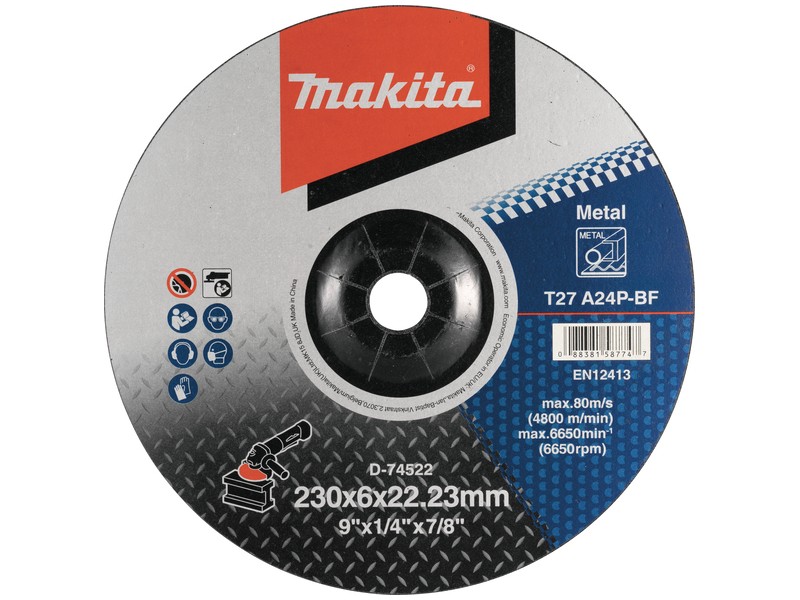 Vbočena brusilna plošča Makita za kovino, Dimenzije: 230x6x22,23mm, D-74522