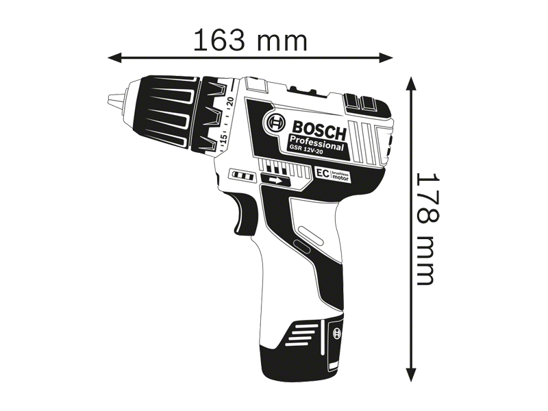 Akumulatorski vrtalnik vijačnik Bosch GSR 10.8V-20 v kartonu, 12V, 10 mm, 0.9kg, 06019D4002