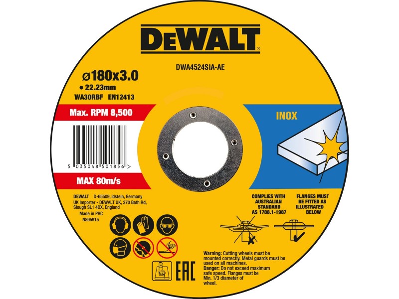 Rezalna plošča DeWalt, INOX, dimenzije: 180x3x22,23mm DWA4524SIA
