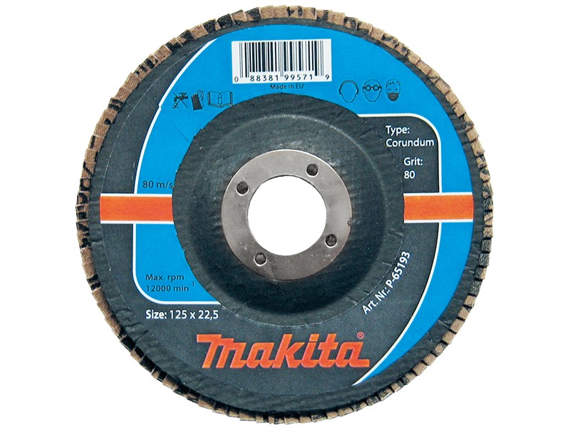 Lamelna brusilna plošča Makita za kovino-aluminijev oksid, Dimenzije: 125x22,23mm, Zrnatost: 80, P-65193