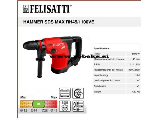 Električno kombinirano vrtalno kladivo Felisatti RH45/1100VE,SDS Max