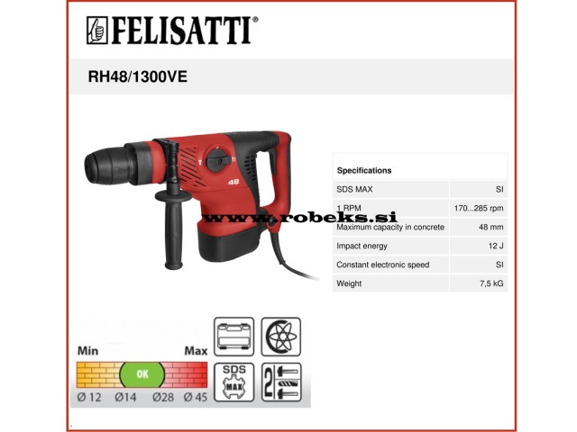 Električno kombinirano vrtalno kladivo Felisatti RH48/1300VE,SDS Max