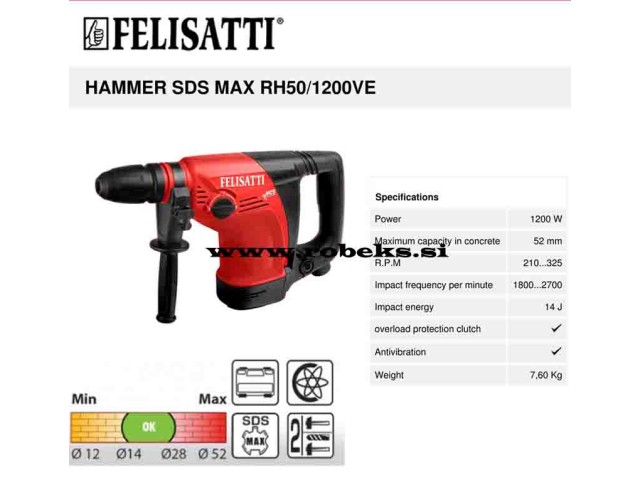 Električno kombinirano vrtalno kladivo Felisatti RH50/1200VE,SDS Max