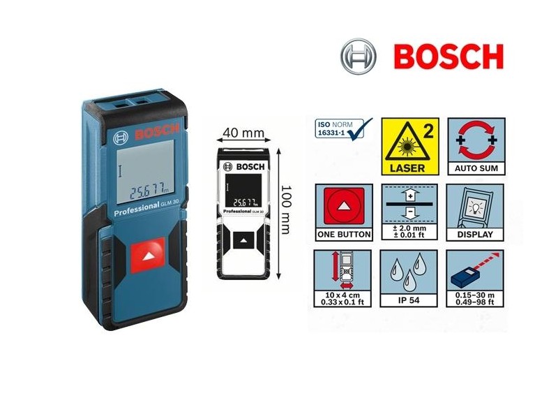 Laserski merilnik razdalj GLM 30 Bosch, 0,15 – 30,00m, 635Nm, < 1 mW, 0.09kg, 0601072500