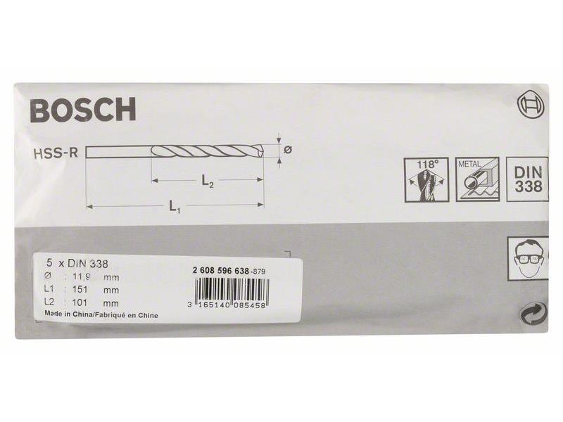 HSS Sveder za kovino Bosch DIN 338, Pakiranje: 5kos, Dimenzije: 11,9x101x151mm, 2608596638