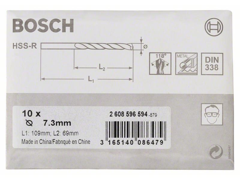 HSS Sveder za kovino Bosch DIN 338, Pakiranje: 10kos, Dimenzije: 7,3x69x109mm, 2608596594