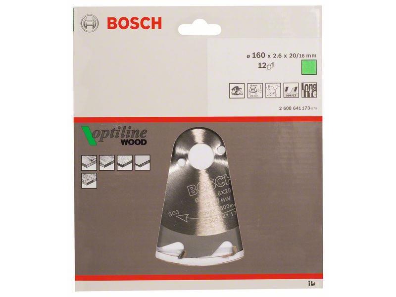 List krožne žage Bosch Optiline Wood, Dimenzije: 160x20/16x2,6mm, Zob: 12, 2608641173