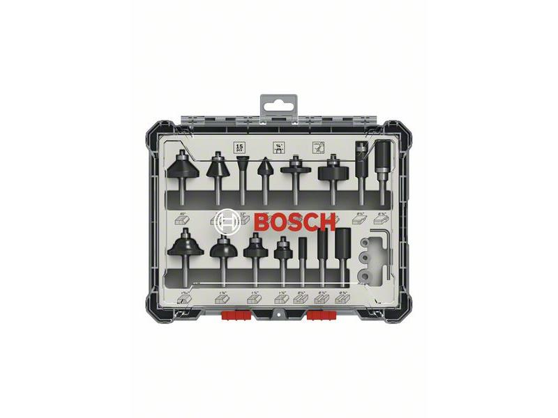 15-delni komplet mešanih rezkarjev Bosch z vpenjalnim steblom 1/4'', 2607017473
