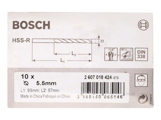 HSS Sveder za kovino Bosch DIN 338, Pakiranje: 10kos, Dimenzije: 5,5x57x93mm, 2607018424