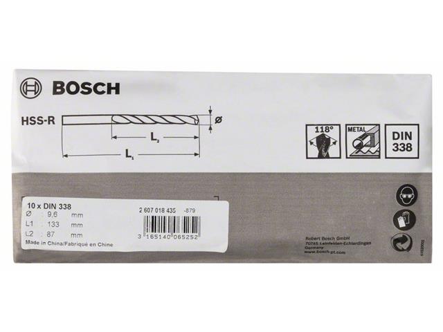 HSS Sveder za kovino Bosch DIN 338, Pakiranje: 10kos, Dimenzije: 9,6x87x133mm, 2607018435