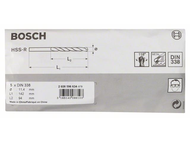 HSS Sveder za kovino Bosch DIN 338, Pakiranje: 5kos, Dimenzije: 11,4x94x142mm, 2608596634