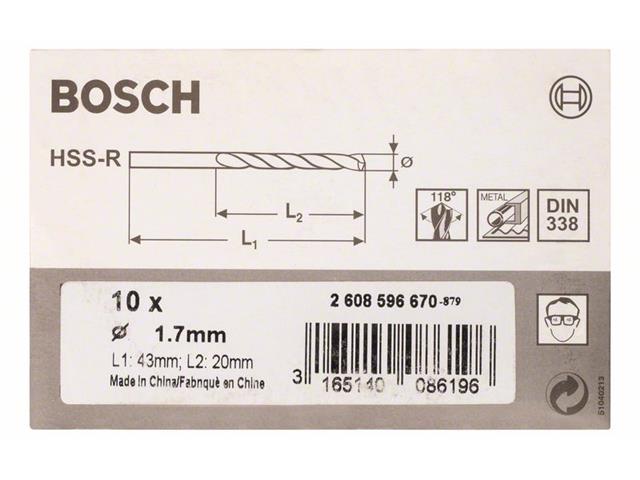 HSS Sveder za kovino Bosch DIN 338, Pakiranje: 10kos, Dimenzije: 1,7x20x43mm, 2608596670