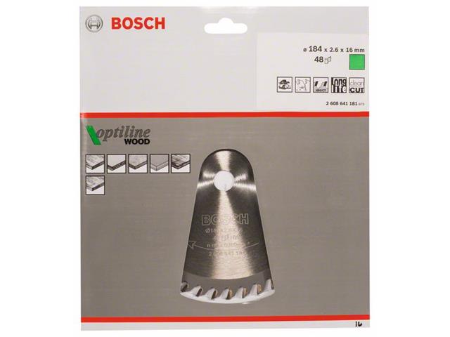 List krožne žage Bosch Optiline Wood, Dimenzije: 184x16x2,6mm, Zob: 48, 2608641181