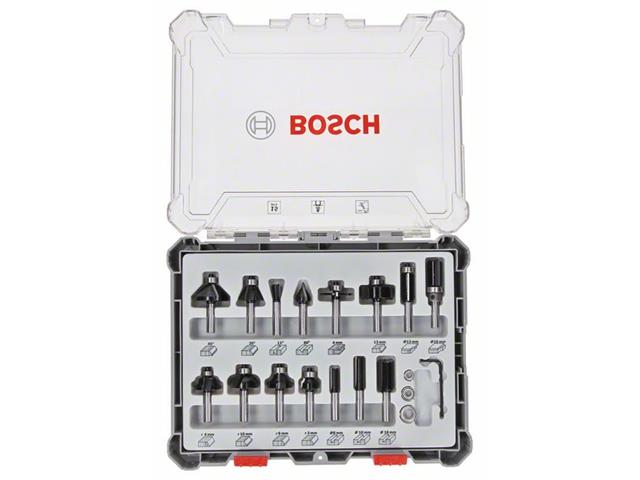 15-delni komplet mešanih rezkarjev Bosch s 6-milimetrskim vpenjalnim steblom, 2607017471