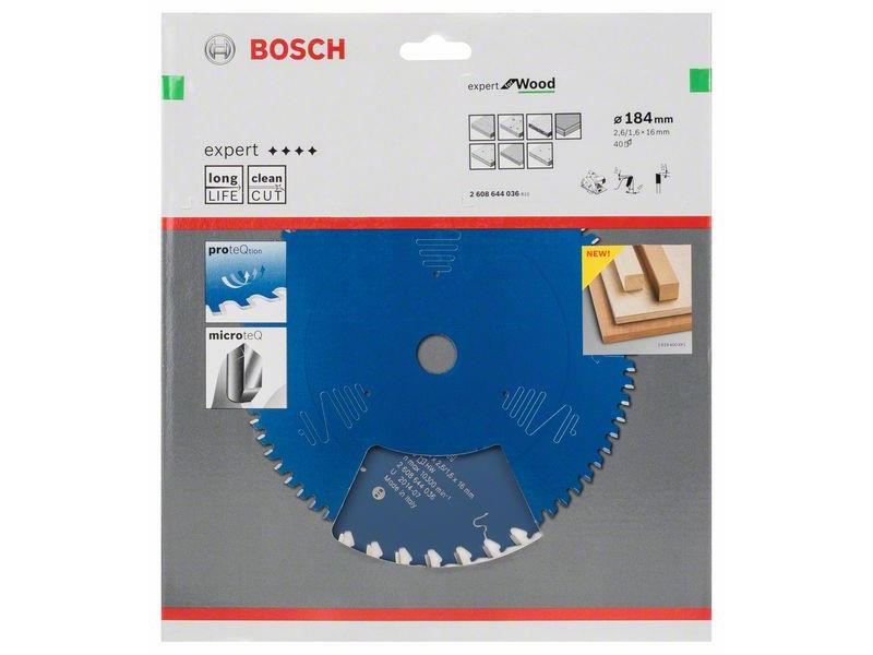 List za krožne žage Bosch Expert for Wood, Dimenzije: 184x16x2,6mm, Zob: 40, 2608644036